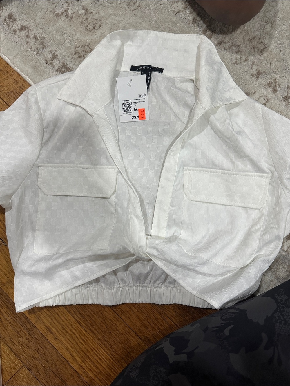 Forever 21 White Cropped Button-Down Shirt with Flap Pockets